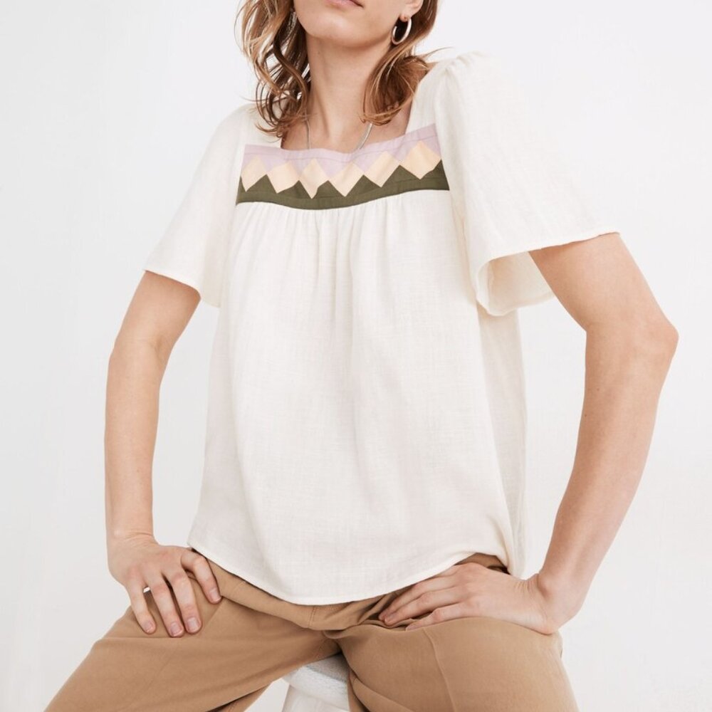 Madewell Ivory Patchwork Square-Neck Gauzy Peasant Top Size XL